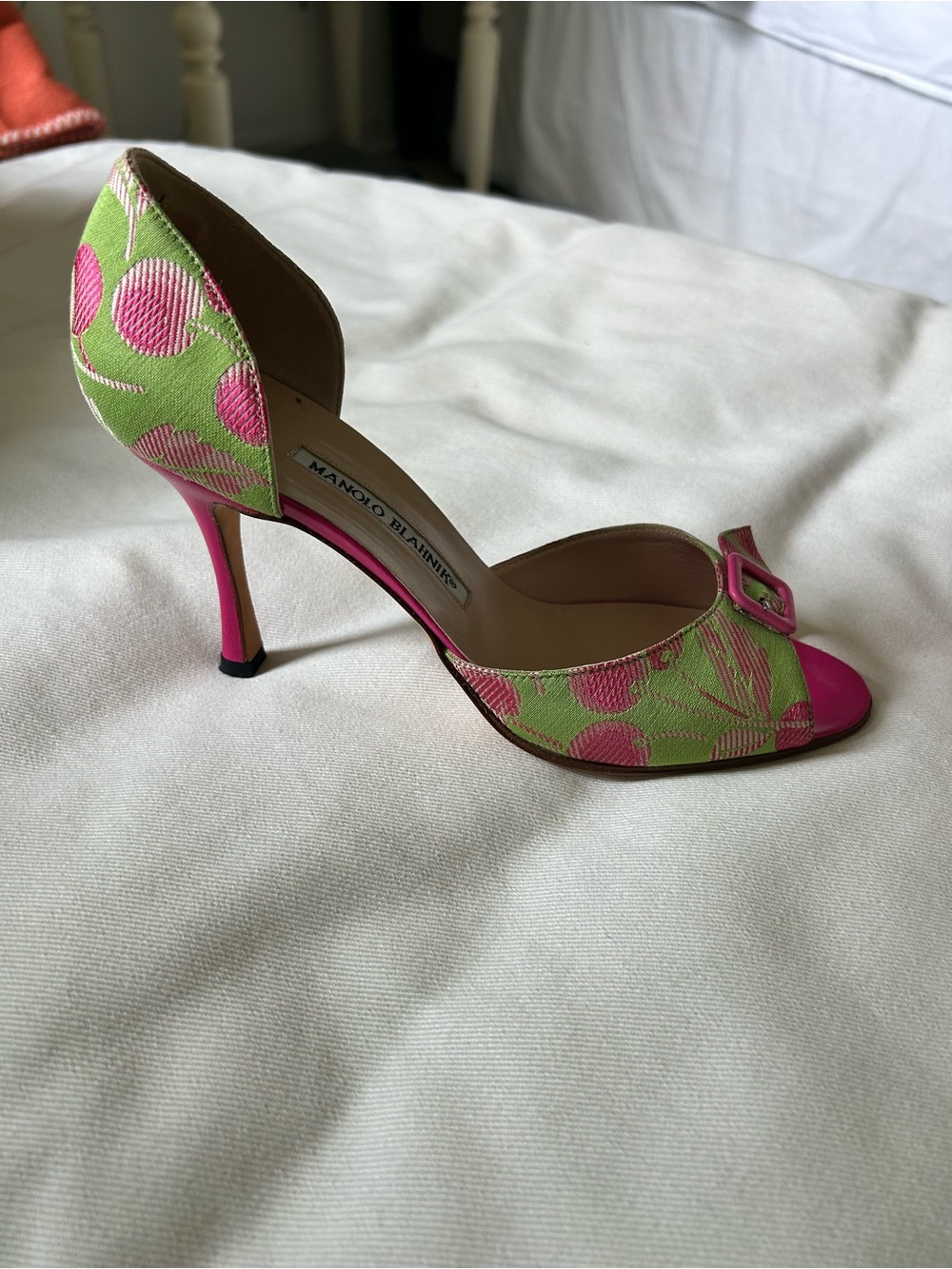 Manolo Blahnik Pink and Green Open-Toe D'Orsay Heels with Buckle - Picture 3 of 4